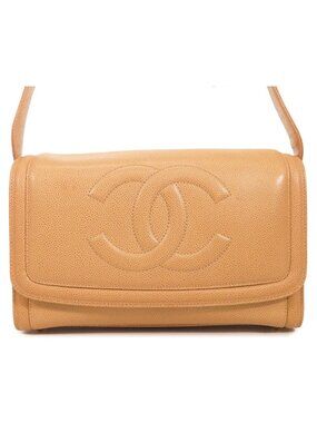 Chanel Shoulder Bag Beige Gold Caviar Leather CC Logo